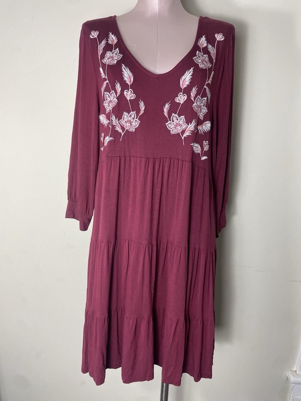 Cupio Burgundy Embroidered Women's Large Tiered Dress Cottagecore Boho Peasant